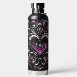 Bouteille D'eau Cœurs pailletés noirs et violets personnalisés