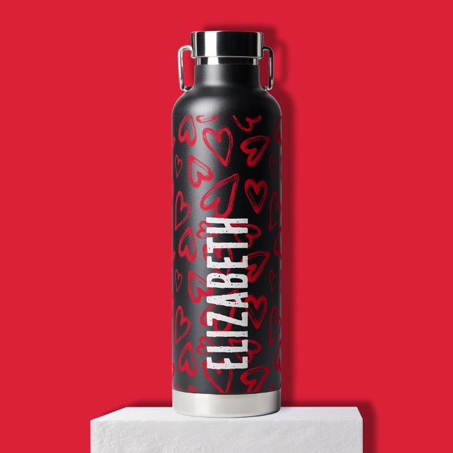 Bouteille D'eau Coeurs rouges (Red hearts on black thermal insulated hot/cold personalized water bottle)