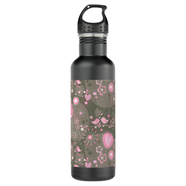 Bouteille D'eau Coeurs Whimsical rose et gris, oiseaux et fleurs (Devant)