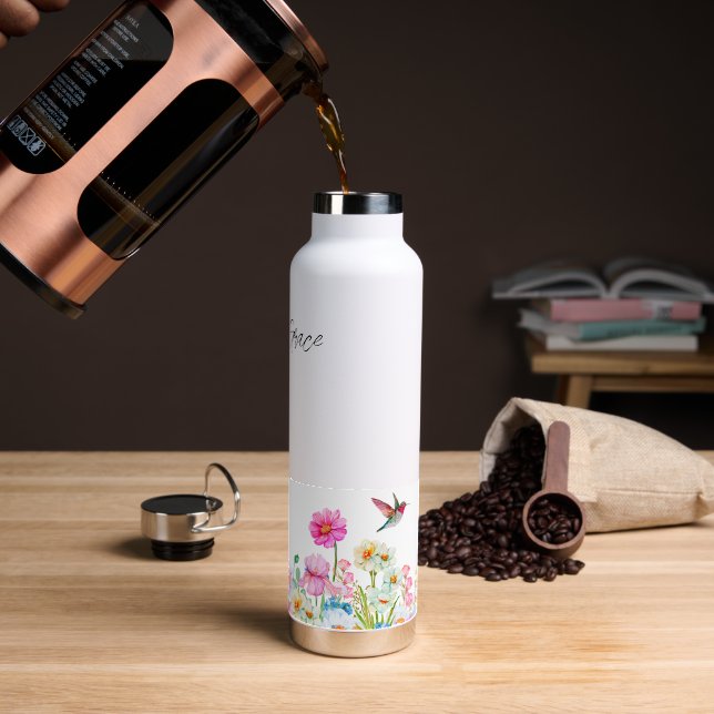 Bouteille D'eau Colibri et fleurs en acier inoxydable (Gym)