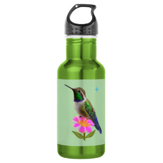 Bouteille D'eau Colibri moderne avec fleur sur vert sauge clair