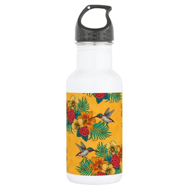 Bouteille D'eau Colibris et bouquet tropical en jaune (Devant)
