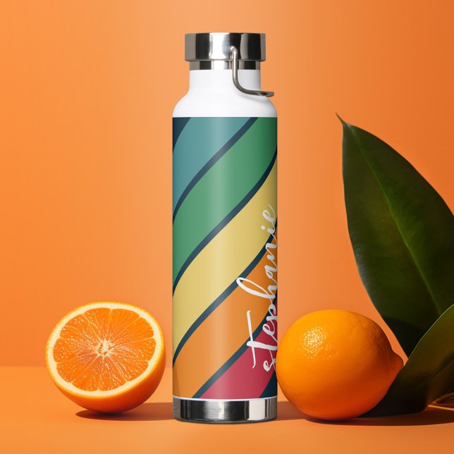 Bouteille D'eau Collage photo avec 4 photos Bandes rétro colorées (Personalized water bottle - custom name and retro stripes with photo collage)