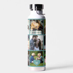Bouteille D'eau Collage photo monogramme personnalisé moderne vert