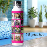 Bouteille D'eau Collage photo simple monogrammed keepsaké rose<br><div class="desc">Ajoutez 20 photos de famille, d'enfants, d'animaux de compagnie ou de meilleures amies et créez votre propre grille de collage tendance bouteille d'eau rose chaud et blanche avec votre nom personnel ou de famille monogramme initial dans un coeur rose. Facile à personnaliser avec vos images et votre lettre carrés personnalisées....</div>