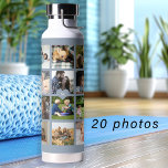 Bouteille D'eau Collage photo simple monogrammed keepsar bleu<br><div class="desc">Ajoutez 20 photos de famille, d'enfants, d'animaux de compagnie ou de meilleurs amis et créez votre propre grille de collage tendance bouteille d'eau bleu et blanc poussiéreuse avec votre nom de monogramme personnel ou de famille initiale dans un coeur bleu clair. Facile à personnaliser avec vos images et votre lettre...</div>