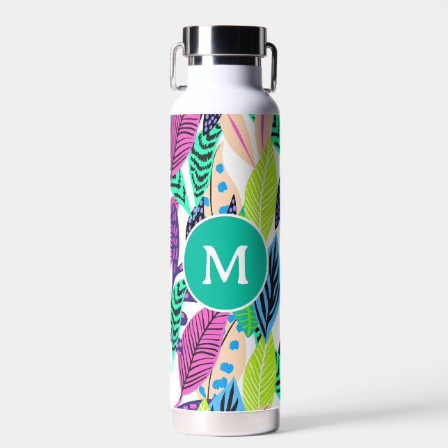 Bouteille D'eau Coloré moderne Tropical Feuille Motif Monogramme (Avant)