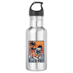 Bouteille D'eau Conception de gravure vintage pug ambiance plage_1