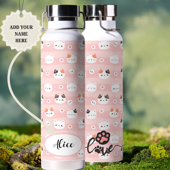 Bouteille D'eau Conception de nom personnalisé Chats mignons roses (Pink Cute Cats Personalized Name Design Water Bottle)