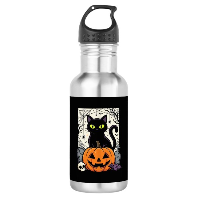 Bouteille D'eau Conception de vecteur de citrouille de chat noir H (Devant)