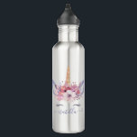 Bouteille D'eau Conception florale d'aquarelle de beau visage de<br><div class="desc">Conception florale de belle d'amusement de licorne aquarelle colorée de visage. Le cadeau parfait pour la fille dans votre vie avec ces beaux illustration et espace de licorne d'aquarelle à personnaliser. Une partie d'une collection.</div>