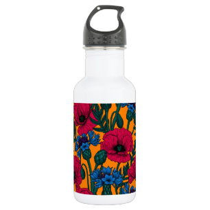 Bouteille D'eau Coquelicots rouges et fleurs de maïs bleues sur or