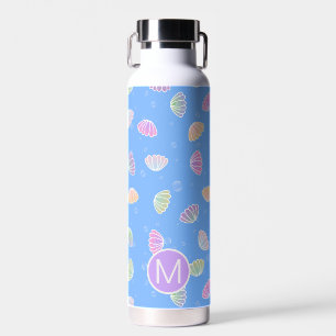 Bouteille D'eau Coquillages colorés Motif Monogramme bleu clair