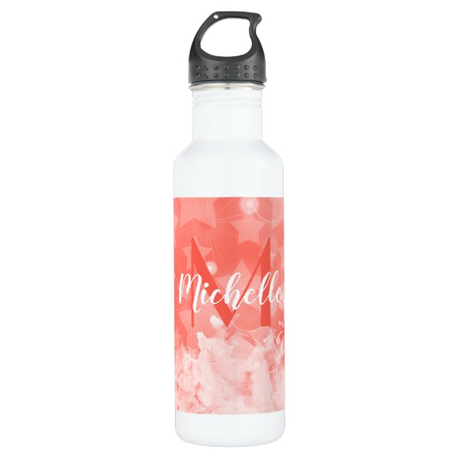 Bouteille D'eau Coral rose Stars motif Moderne Chic Monogramme Nom (Devant)
