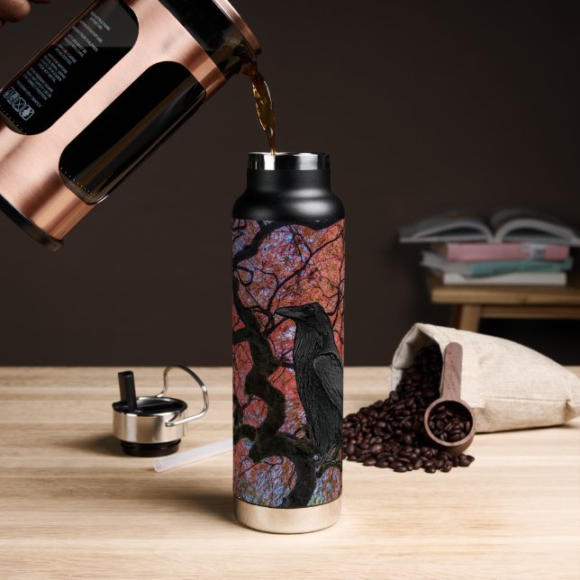 Bouteille D'eau Corbeau noir et érable gris japonais (Café (pivotée))