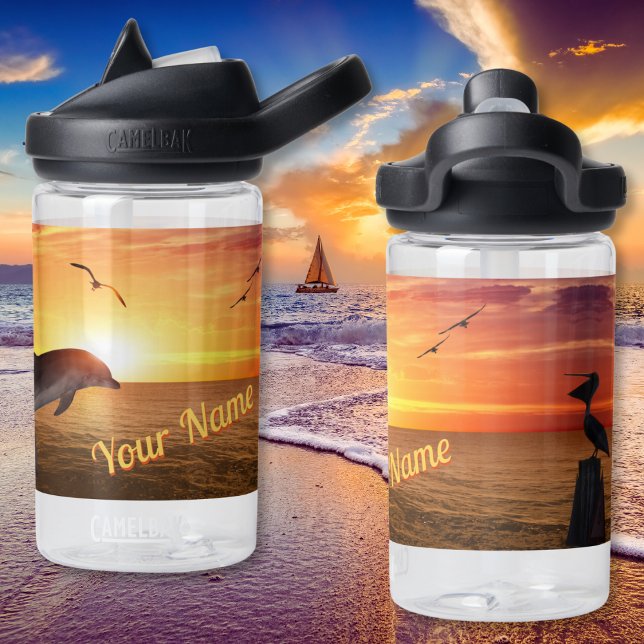 Bouteille D'eau Coucher de soleil Ocean Lane, Dauphins, Mouettes,  (Personalized Water Bottle, Beach. Children's water bottles. Ocean Sunset, Dolphins and Pelican.)