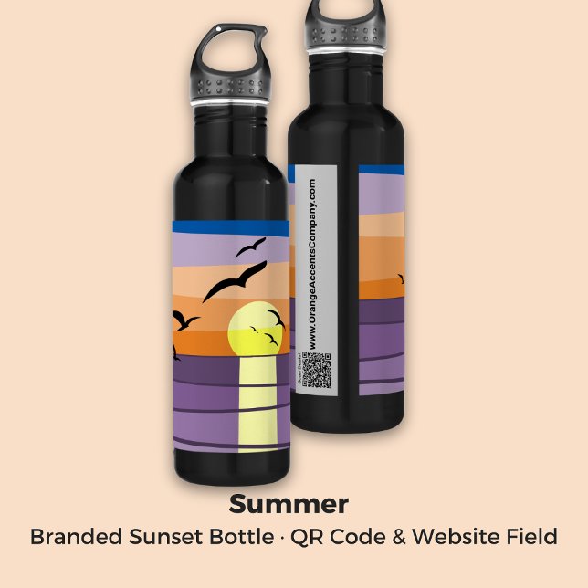 Bouteille D'eau Coucher de soleil stylisé de marque ・ QR Code et s (Branded Stylized Sunset · QR Code & Website Field Stainless Steel Water Bottle)
