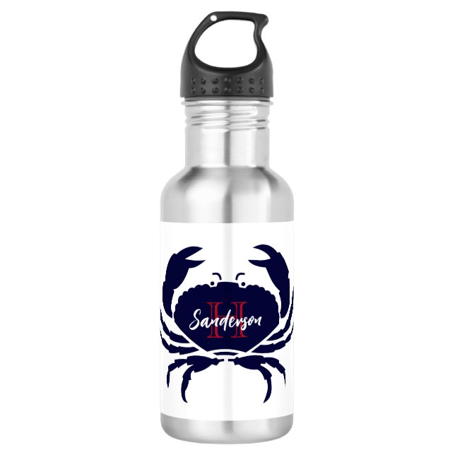Bouteille D'eau crabe blanc bleu marine monogrammé (Devant)