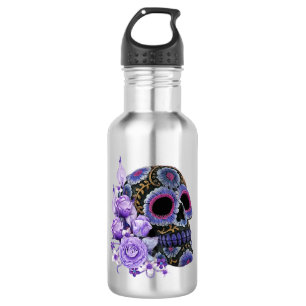 Bouteille D'eau Crâne de sucre noir violet Floral Jour des morts