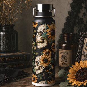 Bouteille D'eau Crânes gothiques et tournesols Floral foncé