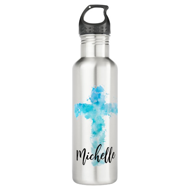 Bouteille D'eau Croix chrétienne de l'Aquarelle bleue (Devant)