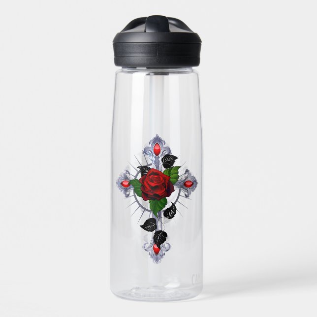 Bouteille D'eau Croix d'argent avec une rose rouge (Avant)
