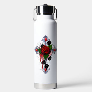 Bouteille D'eau Croix d'argent avec une rose rouge