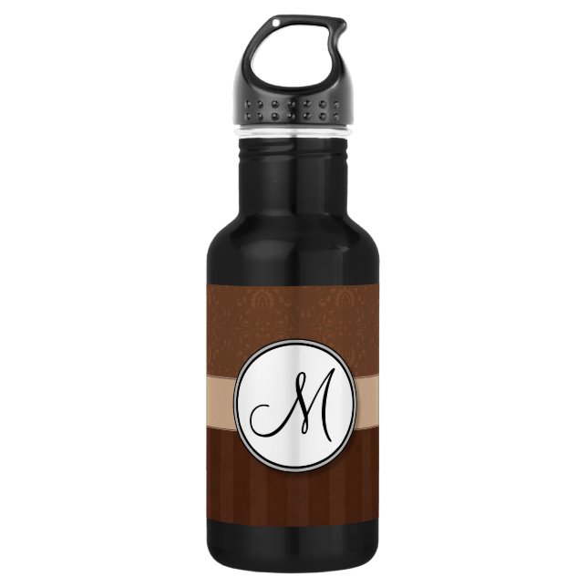 Bouteille D'eau Cuir Brown Damas avec stries et Monogramme (Devant)