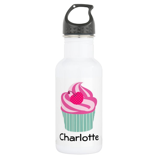 Bouteille D'eau Cupcake rose personnalisé avec cerise Pointe Polka (Devant)