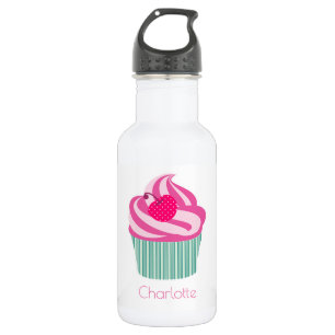 Bouteille D'eau Cupcake rose personnalisé avec cerise Pointe Polka
