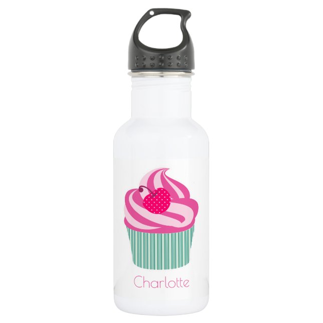 Bouteille D'eau Cupcake rose personnalisé avec cerise Pointe Polka (Devant)