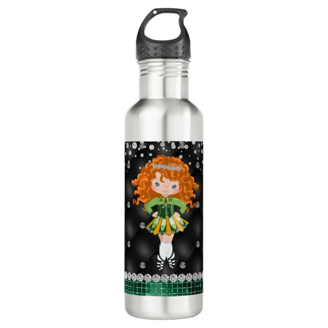 Bouteille D'eau Custom Irish Dance Redhead Girl Green, Noir (Devant)