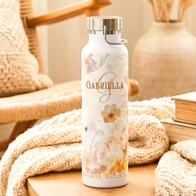 Bouteille D'eau Custom Monogram Boho Chic Floral Watercolor (Créateur téléchargé)