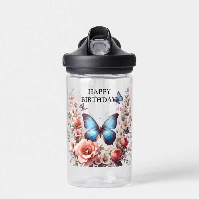 Bouteille D'eau Customizable Blue Butterfly Floral Art-96279 (Avant)