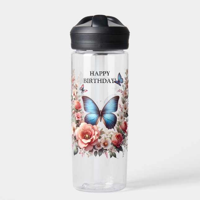 Bouteille D'eau Customizable Blue Butterfly Floral Art-96279 (Extérieur)