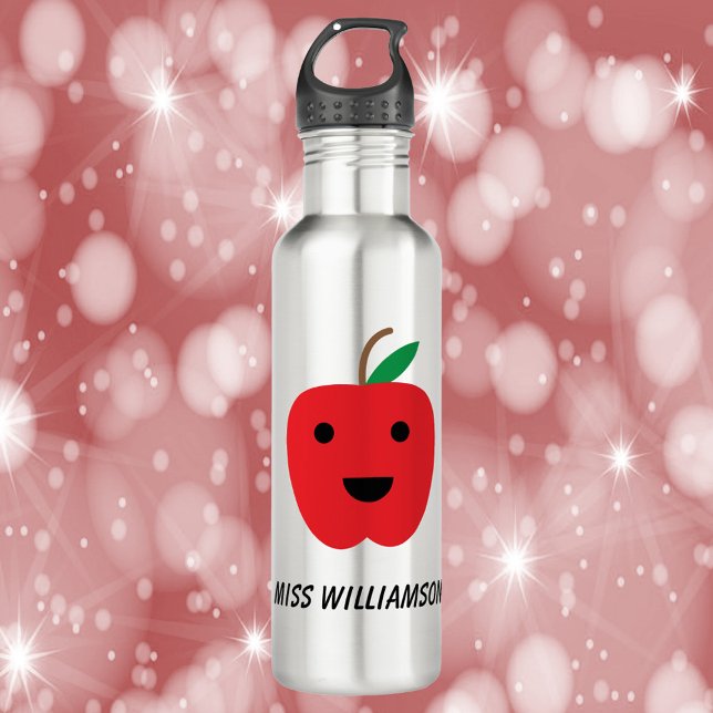 Bouteille D'eau Cute Apple Kawaii Red Personnaliser (A water bottle with a cute red apple with a smile)