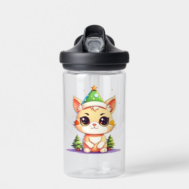 Bouteille D'eau Cute Chibi Kawaii Dessin de Noël Kitty Chat (Avant)