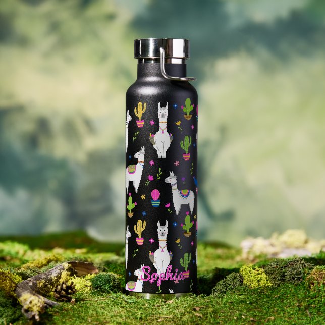 Bouteille D'eau Cute Colorful Alpaca Cactus Personalized Name (Extérieur (pivotée))