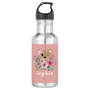 Bouteille D'eau Cute Girl Blush Rose Teddy Ours Floral Enfants