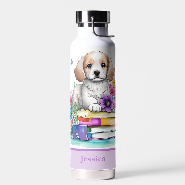 Bouteille D'eau Cute Girly Chiot Livres & Fleurs de Printemps (Gauche)