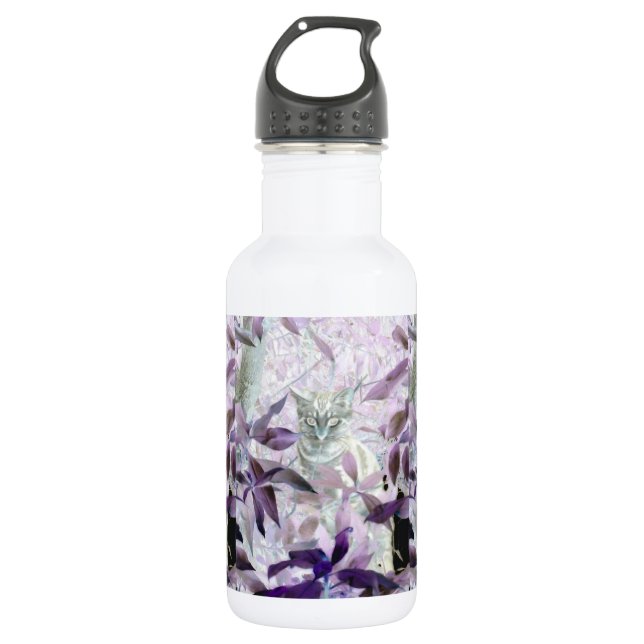 Bouteille D'eau Cute Kitten dans les buissons, violet art abstrait (Devant)