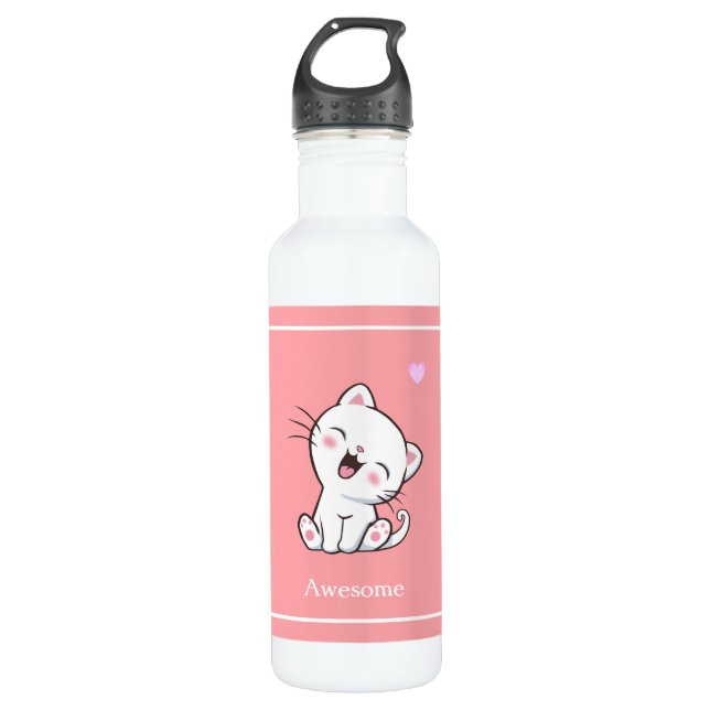 Bouteille D'eau Cute Kitty Chat & Coeur en rose (Devant)