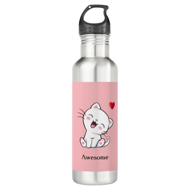 Bouteille D'eau Cute Kitty Chat & Coeur en rose (Devant)