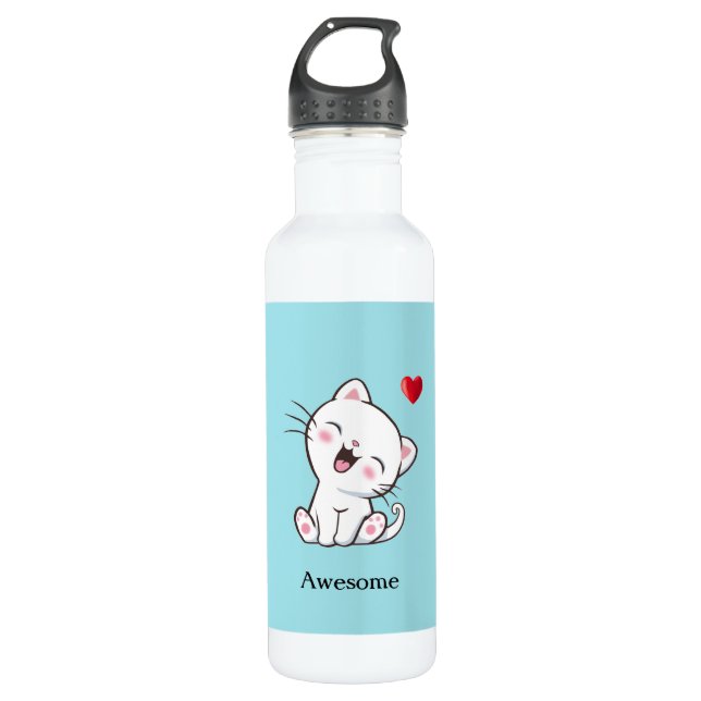 Bouteille D'eau Cute Kitty Chat & Coeur sur bleu clair (Devant)