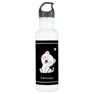 Bouteille D'eau Cute Kitty Chat & Coeur sur Noir