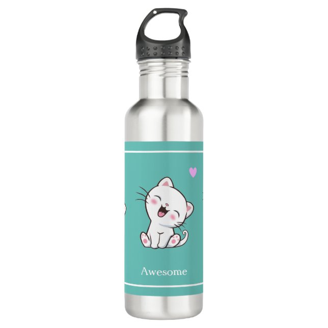 Bouteille D'eau Cute Kitty Chat & Coeur sur Turquoise (Devant)