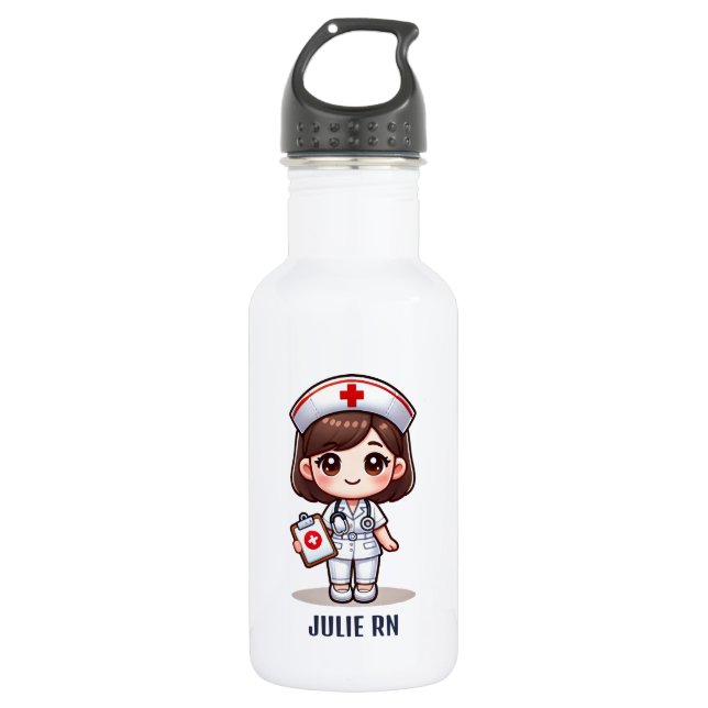 Bouteille D'eau Cute Manga Nurse avec cheveux Brown Personnalisé (Devant)