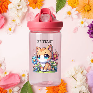 Bouteille D'eau Cute Orange Kitty Chat en Fleurs Personnalisé