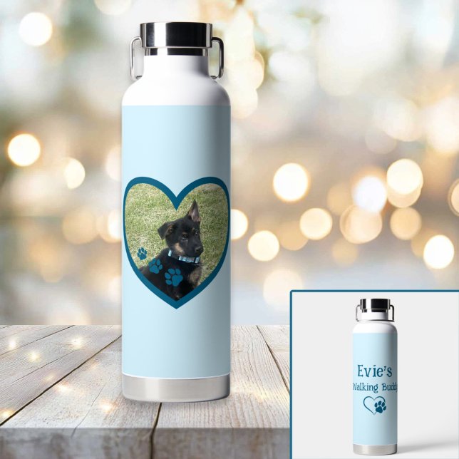 Bouteille D'eau Cute Personnalisé Chien Marcher Buddy Heart Photo (Cute Personalized Dog Walking Buddy Heart Photo Water Bottle)