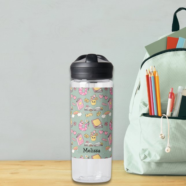 Bouteille D'eau Cute Retro Super Rose Vert Livres Fleurs (Créateur téléchargé)